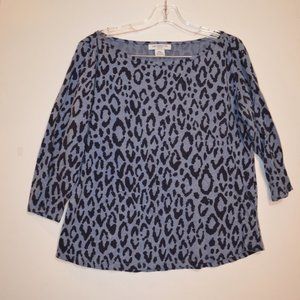 Liz Claiborne PETITE Grey Black Leopard Print Pattern 3/4 Sleeves Blouse PXL